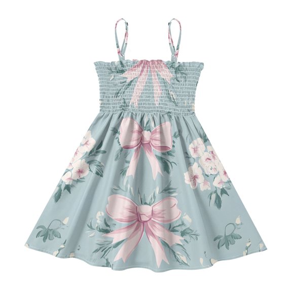 DALAWU Lightweight Pink Bow Flower Pattern Smocked Sundress Adjustable Strap Flowy A-Line Summer Dress