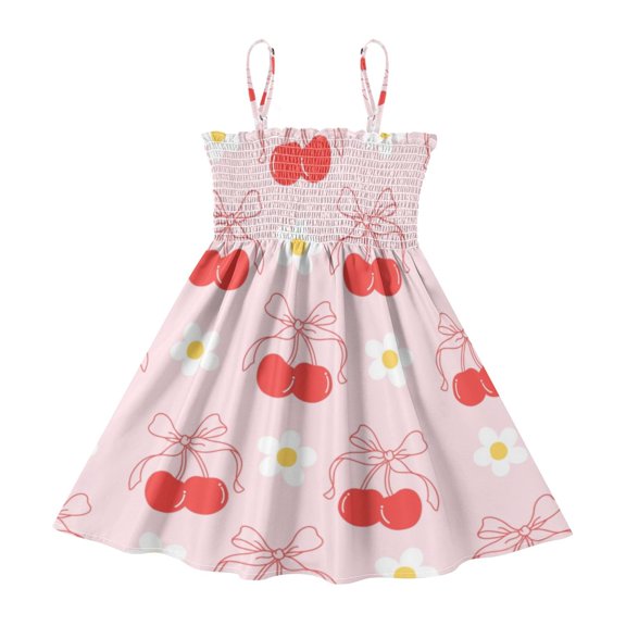 DALAWU Lightweight Pink Cherries Smocked Sundress Adjustable Strap Flowy A-Line Summer Dress