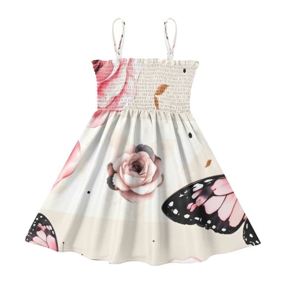 DALAWU Lightweight Pink Floral Butterflies Smocked Sundress Adjustable Strap Flowy A-Line Summer Dress