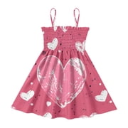 DALAWU Lightweight Pink Plane Love White Pattern Smocked Sundress Adjustable Strap Flowy A-Line Summer Dress