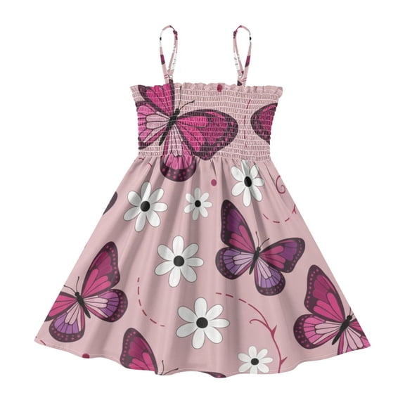 DALAWU Lightweight Pink Purple Flying Butterflies Smocked Sundress Adjustable Strap Flowy A-Line Summer Dress