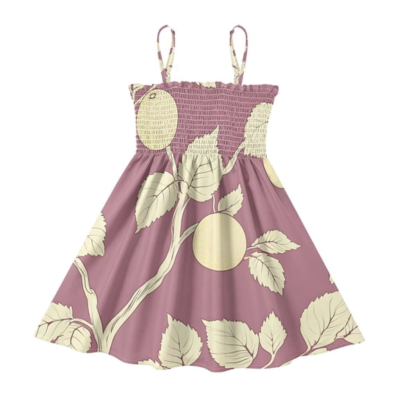 DALAWU Lightweight Plum Branch Purple Pattern Smocked Sundress Adjustable Strap Flowy A-Line Summer Dress
