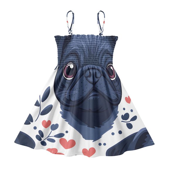 DALAWU Lightweight Pug Floral Pattern Smocked Sundress Adjustable Strap Flowy A-Line Summer Dress