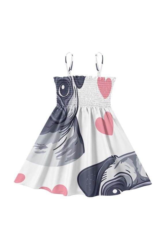 Lightweight Pug Hearts Pattern Smocked Sundress Adjustable Strap Flowy A-Line Summer Dress