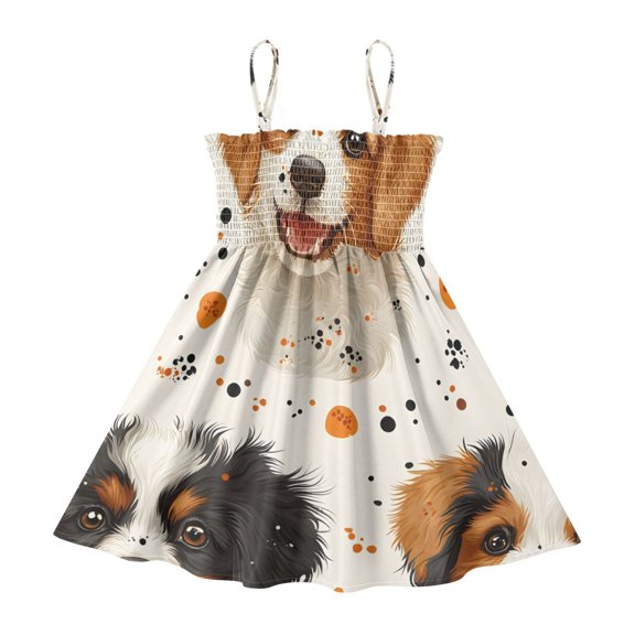 DALAWU Lightweight Puppy Polka Dot Pattern Smocked Sundress Adjustable Strap Flowy A-Line Summer Dress
