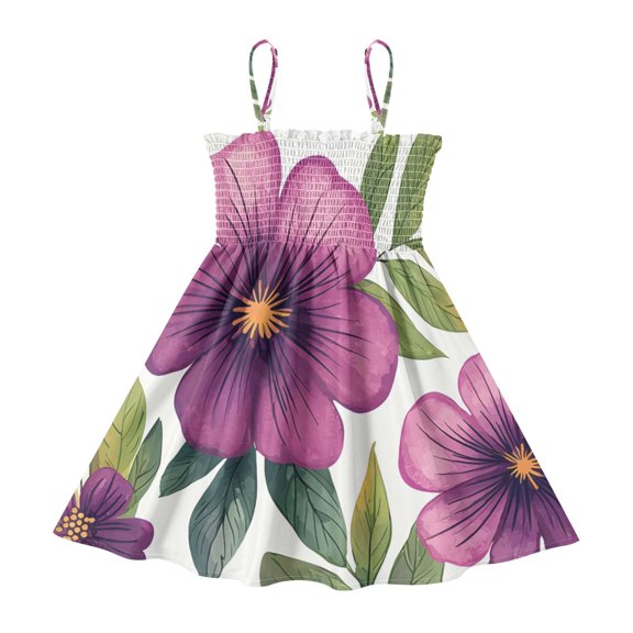 DALAWU Lightweight Purple Green Flower Pattern Smocked Sundress Adjustable Strap Flowy A-Line Summer Dress