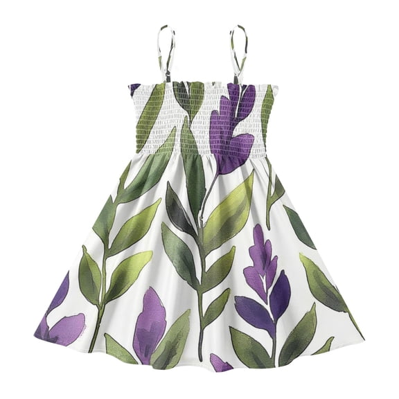 DALAWU Lightweight Purple Green Leaf Pattern Smocked Sundress Adjustable Strap Flowy A-Line Summer Dress