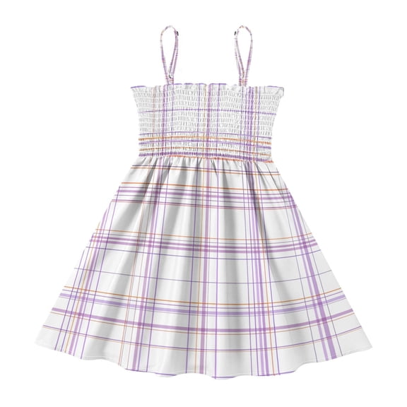 DALAWU Lightweight Purple Orange Plaid Pattern Smocked Sundress Adjustable Strap Flowy A-Line Summer Dress