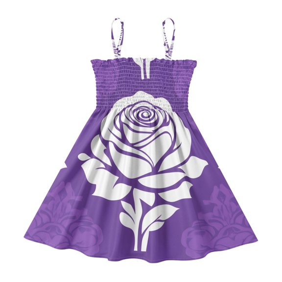DALAWU Lightweight Purple Pattern Smocked Sundress Adjustable Strap Flowy A-Line Summer Dress