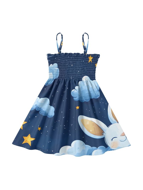Lightweight Rabbit Blue Cloud Pattern Smocked Sundress Adjustable Strap Flowy A-Line Summer Dress