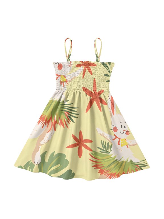 Lightweight Rabbit Dancing Grass Skirt Smocked Sundress Adjustable Strap Flowy A-Line Summer Dress