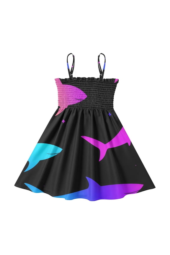 Lightweight Rainbow Shark Pattern Smocked Sundress Adjustable Strap Flowy A-Line Summer Dress