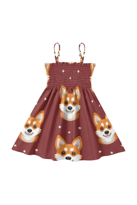 Lightweight Red - Background Corgi Face Pattern Smocked Sundress Adjustable Strap Flowy A-Line Summer Dress
