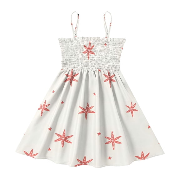 DALAWU Lightweight Red Starfish Beige Pattern Smocked Sundress Adjustable Strap Flowy A-Line Summer Dress