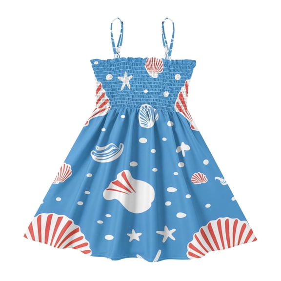 DALAWU Lightweight Red White Shell Star Pattern Smocked Sundress Adjustable Strap Flowy A-Line Summer Dress