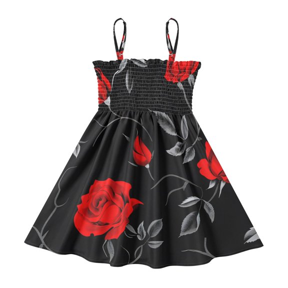 DALAWU Lightweight Redd Rose Smocked Sundress Adjustable Strap Flowy A-Line Summer Dress