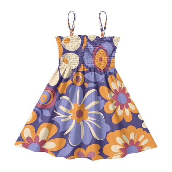 DALAWU Lightweight Retro Floral Groovy Smocked Sundress Adjustable Strap Flowy A-Line Summer Dress