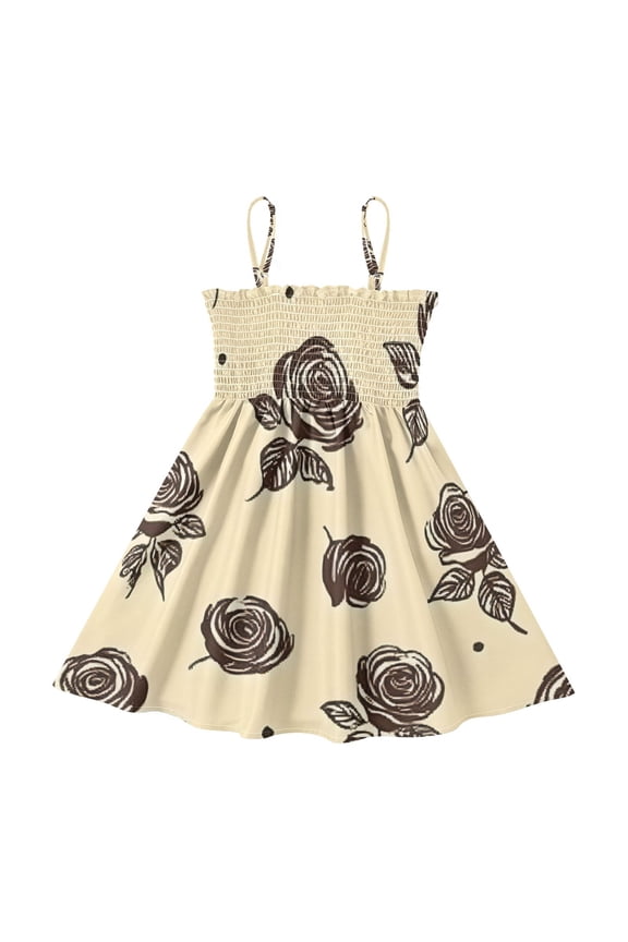 Lightweight Rose Tile Black Leaves Pattern Smocked Sundress Adjustable Strap Flowy A-Line Summer Dress