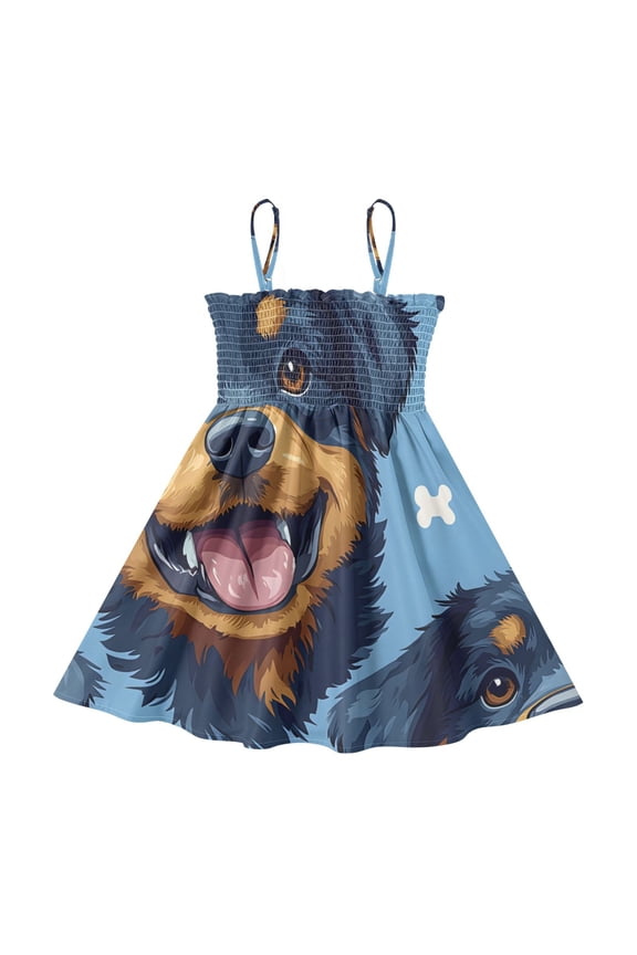 Lightweight Rottweiler Bone Pattern Smocked Sundress Adjustable Strap Flowy A-Line Summer Dress