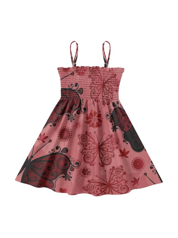 Lightweight Ruby Gothic Butterfly Smocked Sundress Adjustable Strap Flowy A-Line Summer Dress