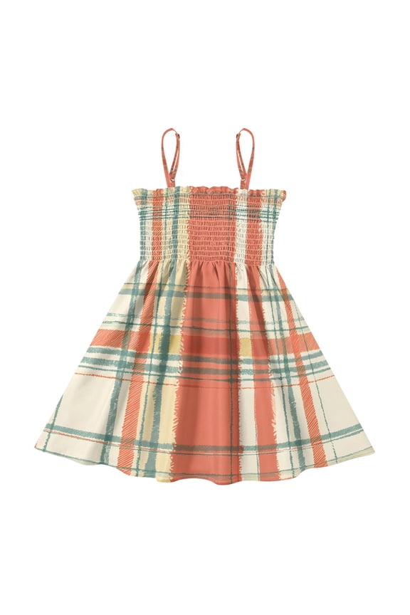 Lightweight Rustic Orange Plaid Pattern Smocked Sundress Adjustable Strap Flowy A-Line Summer Dress