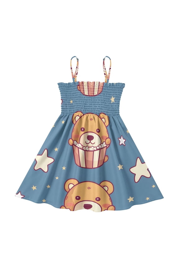 Lightweight Seamless Pattern Of Cute Teddy Bear Smocked Sundress Adjustable Strap Flowy A-Line Summer Dress