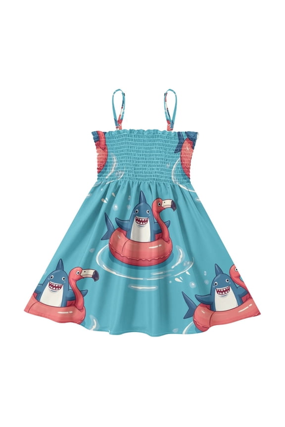 Lightweight Shark Flamingo Swimming Circle Pattern Smocked Sundress Adjustable Strap Flowy A-Line Summer Dress