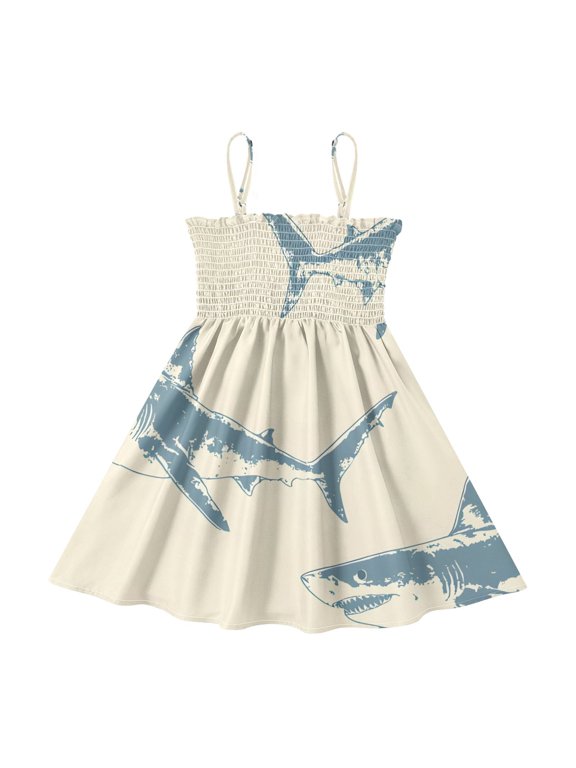 Lightweight Shark Print Pattern Smocked Sundress Adjustable Strap Flowy A-Line Summer Dress