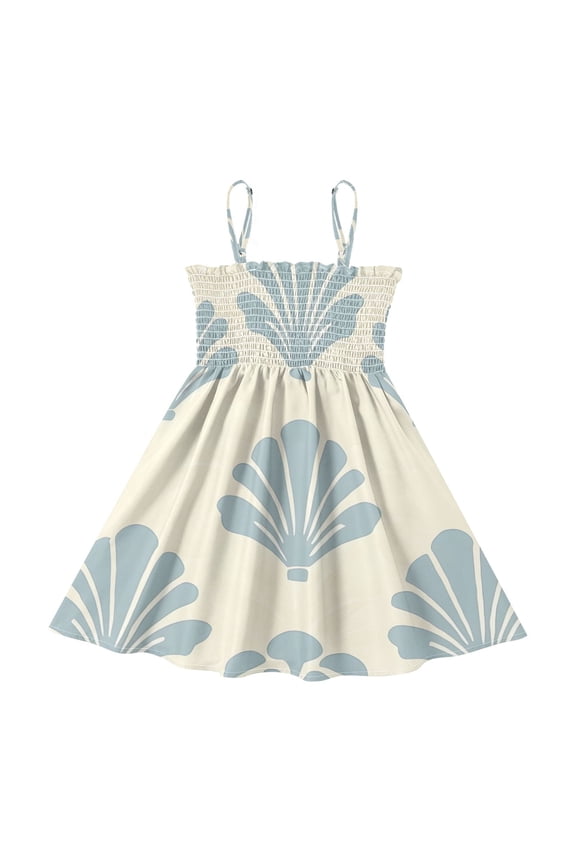 Lightweight Shell Beige Pattern Smocked Sundress Adjustable Strap Flowy A-Line Summer Dress