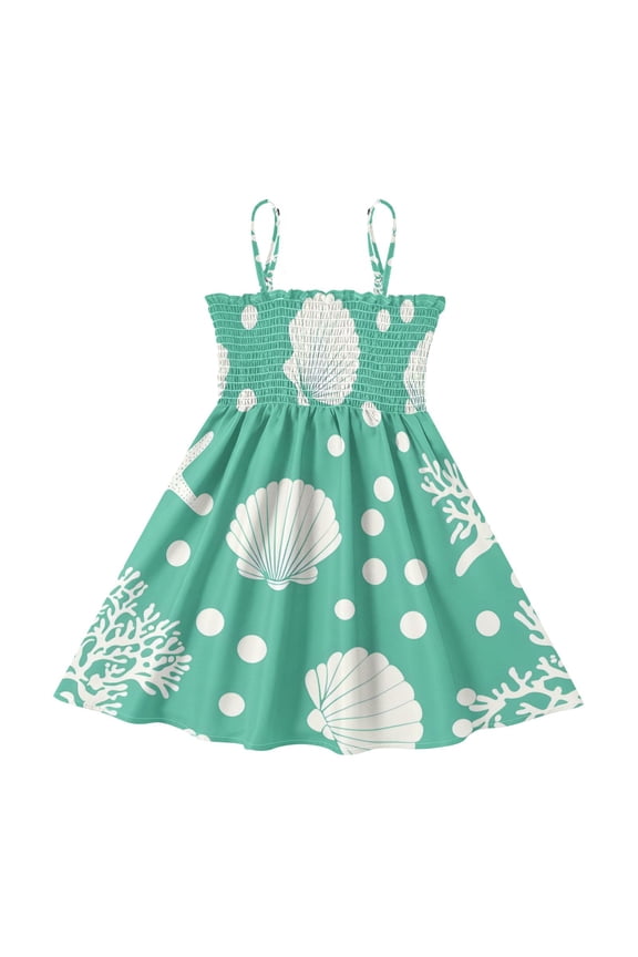 Lightweight Shell Coral Dot Pattern Smocked Sundress Adjustable Strap Flowy A-Line Summer Dress