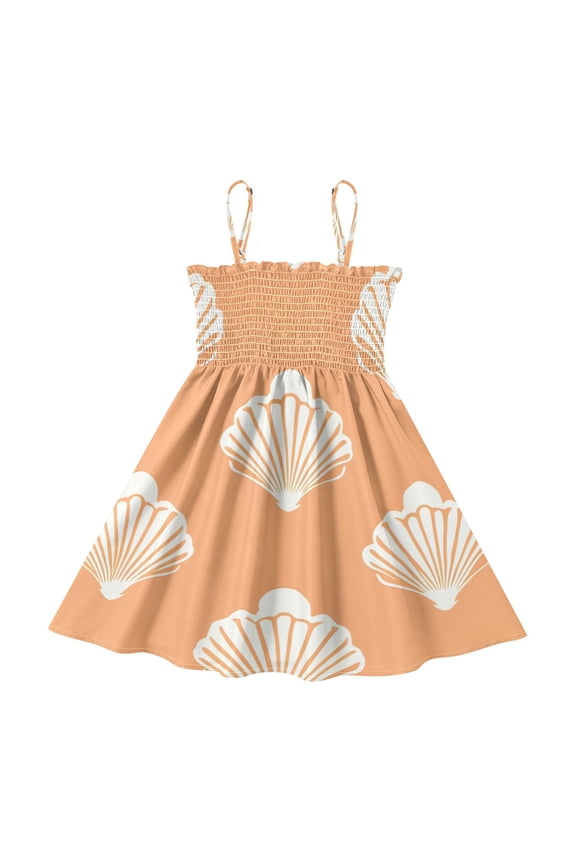 Lightweight Shells Pattern Smocked Sundress Adjustable Strap Flowy A-Line Summer Dress