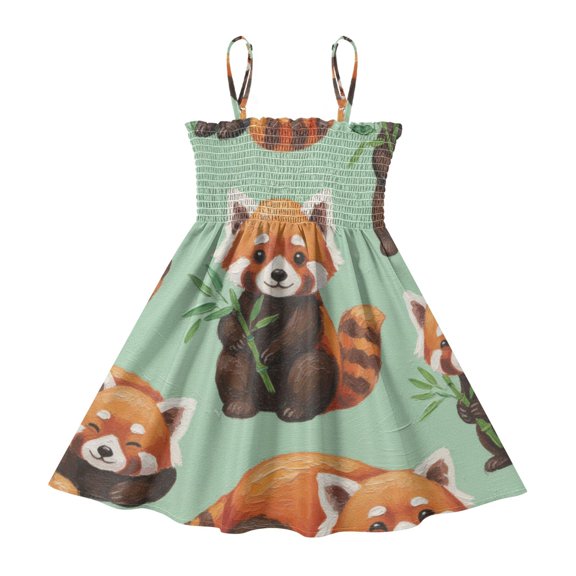 DALAWU Lightweight レッサーパンダ柄 Smocked Sundress Adjustable Strap Flowy A-Line Summer Dress