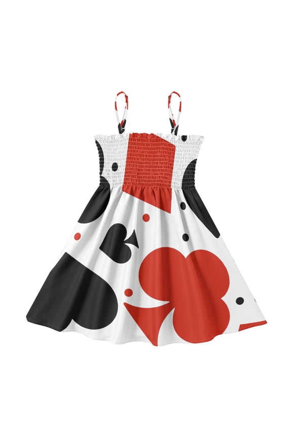 Lightweight Spades Hearts Polka Dots Smocked Sundress Adjustable Strap Flowy A-Line Summer Dress