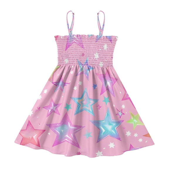 DALAWU Lightweight Star Smocked Sundress Adjustable Strap Flowy A-Line Summer Dress