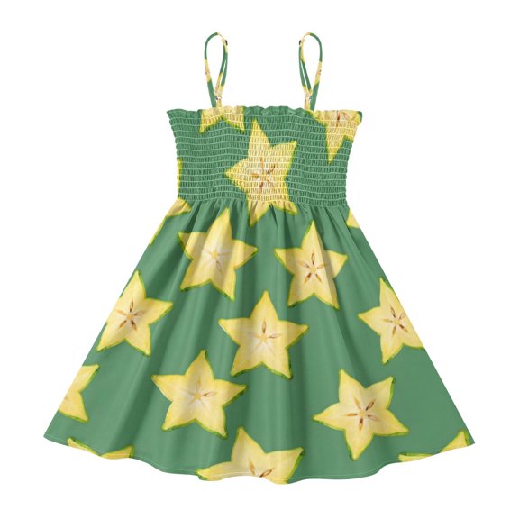DALAWU Lightweight Star-shaped Carambola Pattern Smocked Sundress Adjustable Strap Flowy A-Line Summer Dress