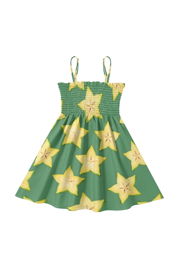 Lightweight Star-shaped Carambola Pattern Smocked Sundress Adjustable Strap Flowy A-Line Summer Dress