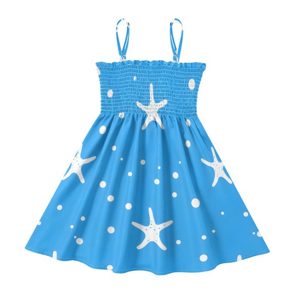 DALAWU Lightweight Starfish Blue Dots Pattern Smocked Sundress Adjustable Strap Flowy A-Line Summer Dress