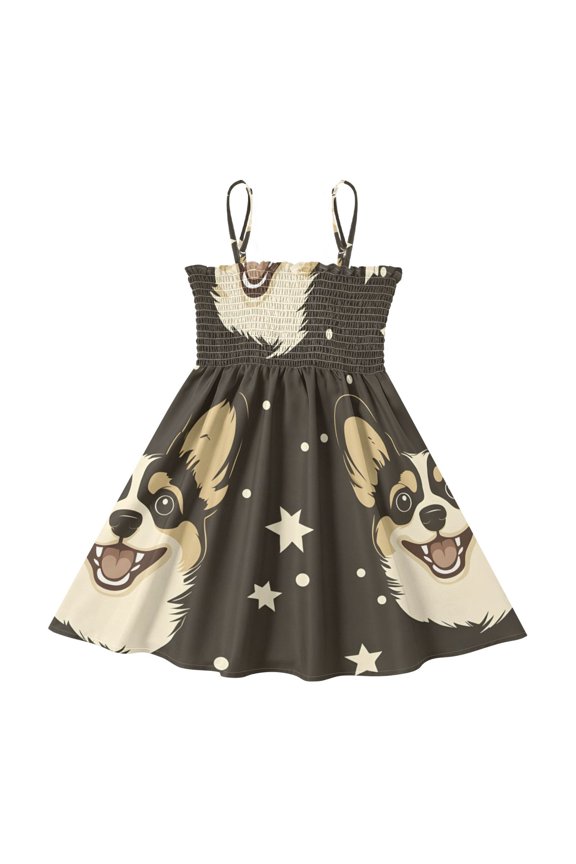 Lightweight Starry Corgi Face Pattern Smocked Sundress Adjustable Strap Flowy A-Line Summer Dress