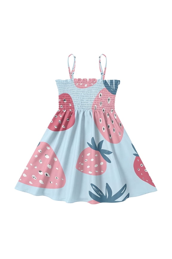 Lightweight Strawberry Designs Pattern Smocked Sundress Adjustable Strap Flowy A-Line Summer Dress