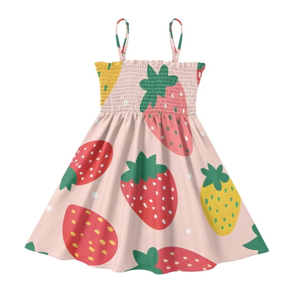 DALAWU Lightweight Strawberry Seamless Smocked Sundress Adjustable Strap Flowy A-Line Summer Dress
