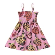 DALAWU Lightweight Strawberry Shaped Leopard Print Pattern Smocked Sundress Adjustable Strap Flowy A-Line Summer Dress