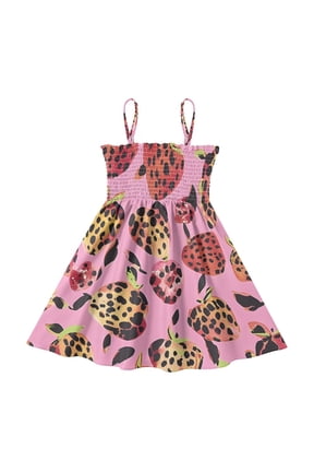 Lightweight Strawberry Shaped Leopard Print Pattern Smocked Sundress Adjustable Strap Flowy A-Line Summer Dress