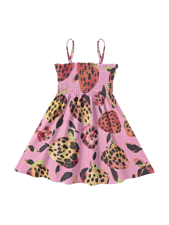 Lightweight Strawberry Shaped Leopard Print Pattern Smocked Sundress Adjustable Strap Flowy A-Line Summer Dress
