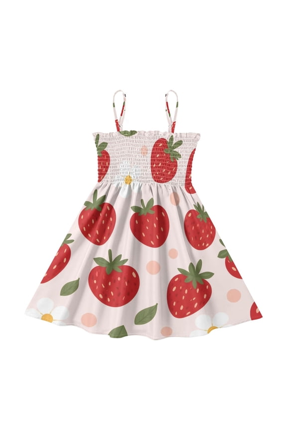 Lightweight Strawberry White Flower Polka Dots Pattern Smocked Sundress Adjustable Strap Flowy A-Line Summer Dress