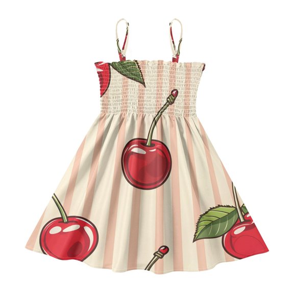 DALAWU Lightweight Striped Cherries Smocked Sundress Adjustable Strap Flowy A-Line Summer Dress