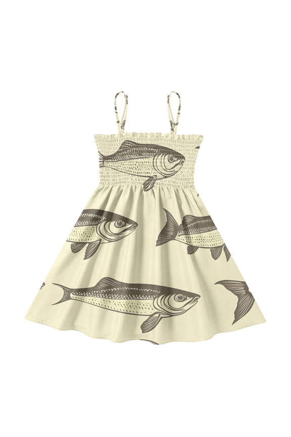 Lightweight Tan Fish Pattern Smocked Sundress Adjustable Strap Flowy A-Line Summer Dress