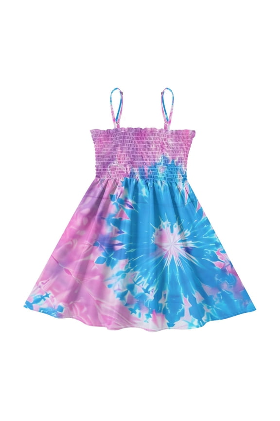 Lightweight Tie Dye Pattern Ink Colorful Tie Dye Pattern Smocked Sundress Adjustable Strap Flowy A-Line Summer Dress