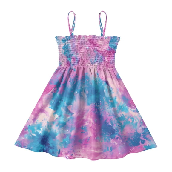 DALAWU Lightweight Tie Dye Pattern Ink Smocked Sundress Adjustable Strap Flowy A-Line Summer Dress