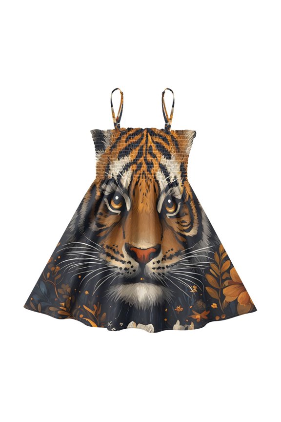 Lightweight Tiger Floral Night Pattern Smocked Sundress Adjustable Strap Flowy A-Line Summer Dress