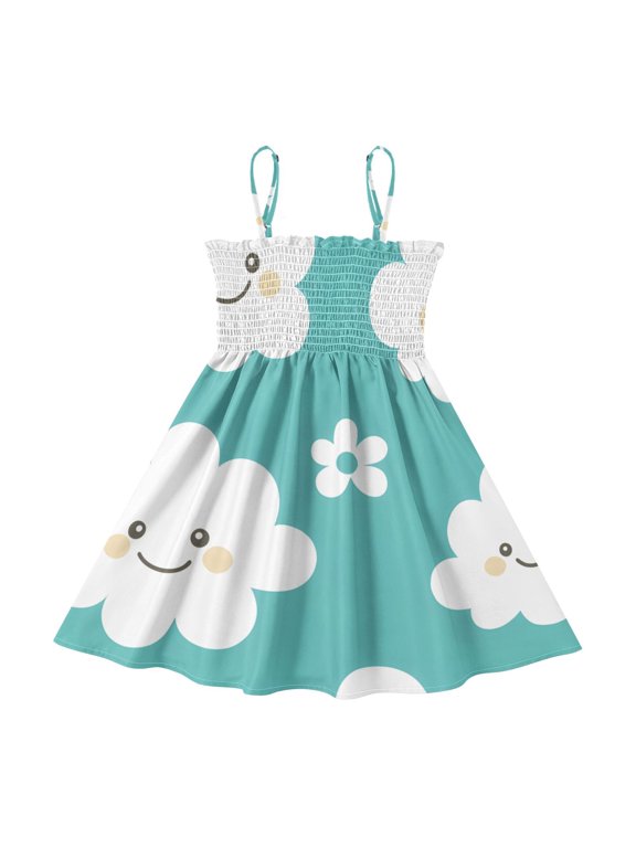 Lightweight Tile Cloud Color Tile Pattern Smocked Sundress Adjustable Strap Flowy A-Line Summer Dress